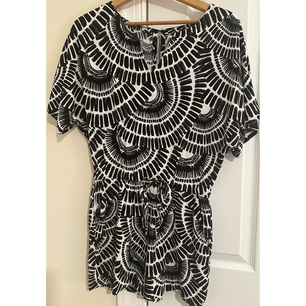 Trina Turk XS Romper Black White Print Drawstring Waist Short Sleeve